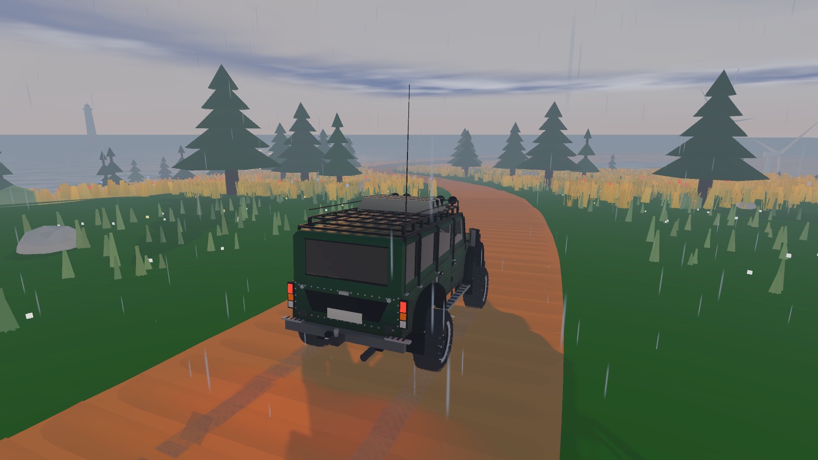 The truck on a wet road in the rain
